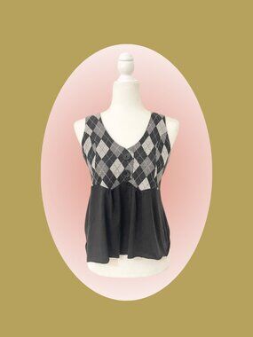 vintage rocker girl black gray argyle plaid vest button tank top
